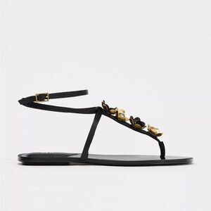 Zara Black T-Strap Sandal with Gold Floral Detail